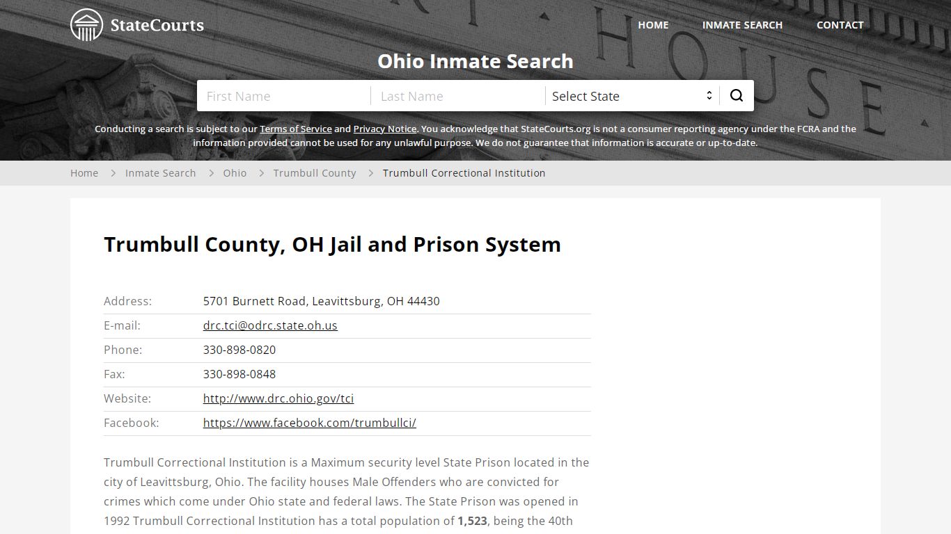 Trumbull Correctional Institution Inmate Records Search ...